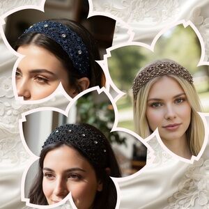 Lace Rhinestone Beaded Floral Headband ✨ Navy Blue, Black, Champagne